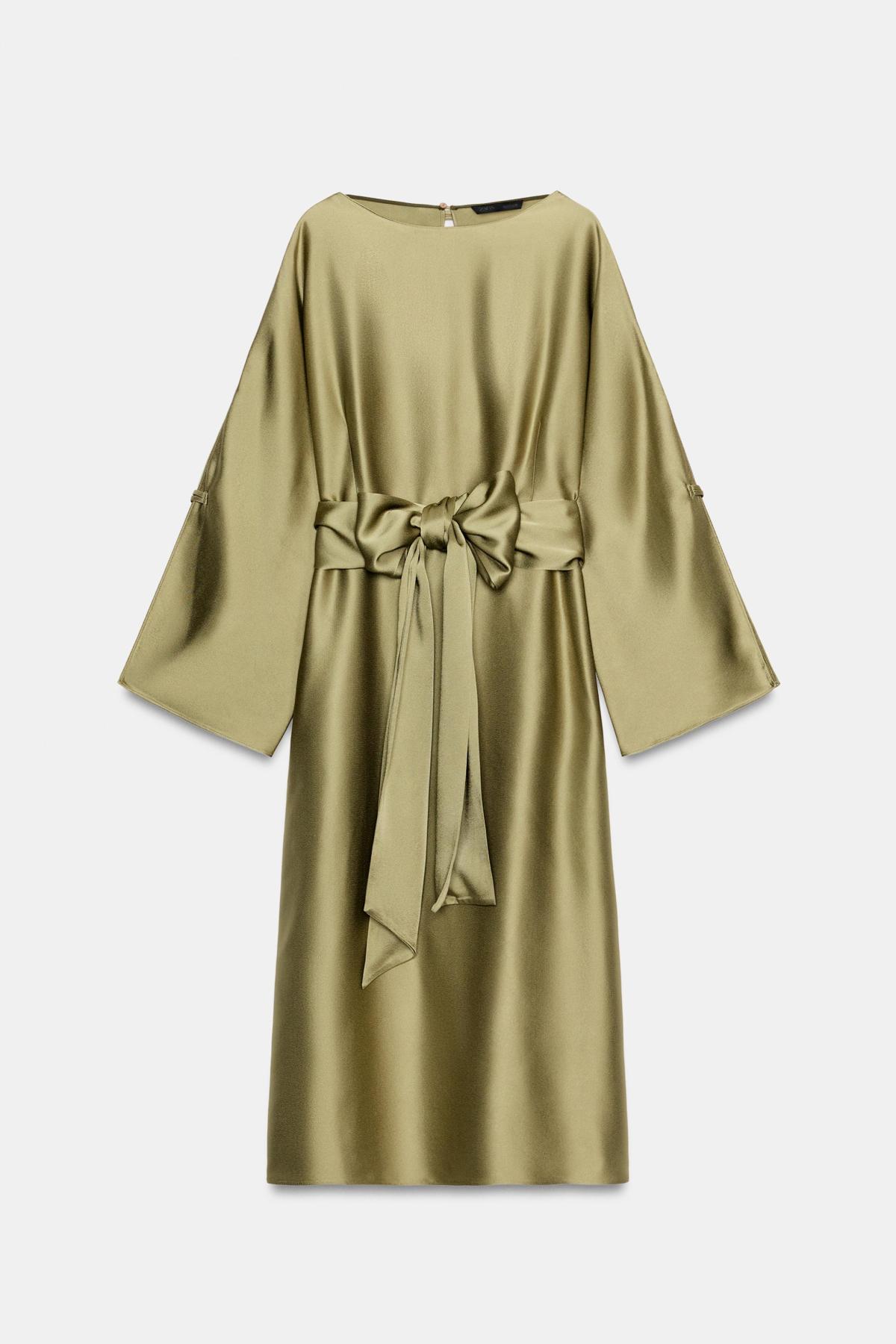 자라 새틴 벨트 미디 원피스 2241/789/515 OLIVE GREEN