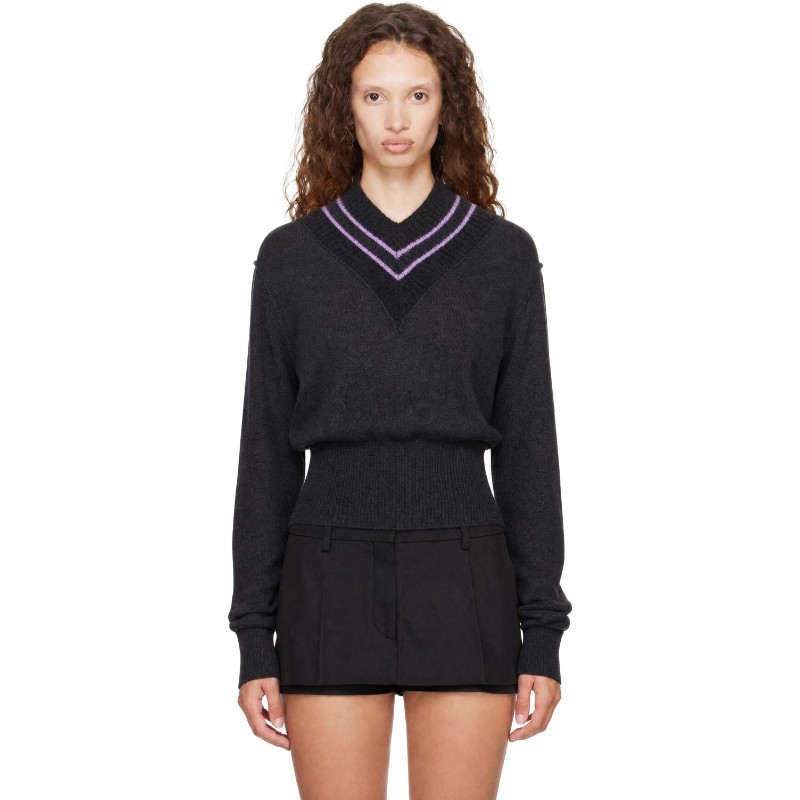 노울스 그레이 노라 브이넥 스웨터 AW26-NOVN0CHA Charcoal Stripe