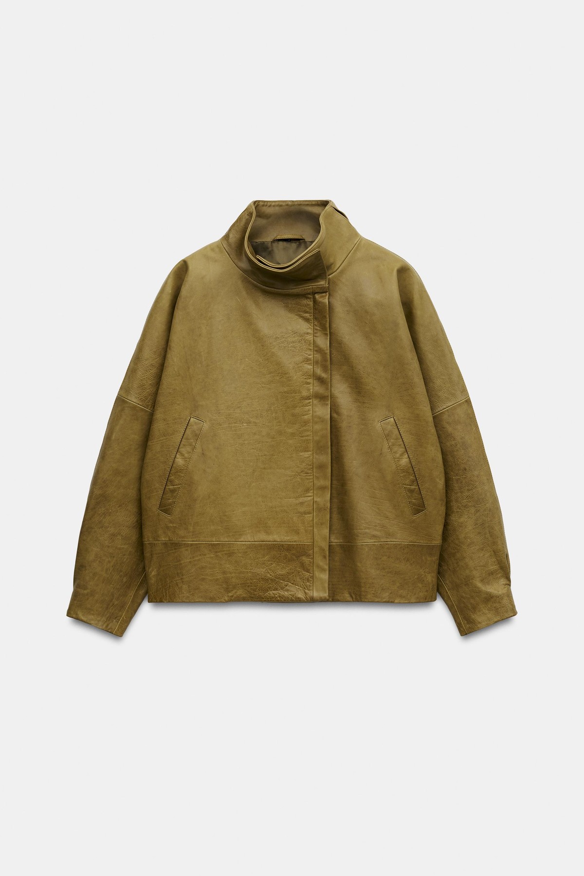 자라 하이넥 오버핏 레더 자켓 4332/240/515 OLIVE GREEN