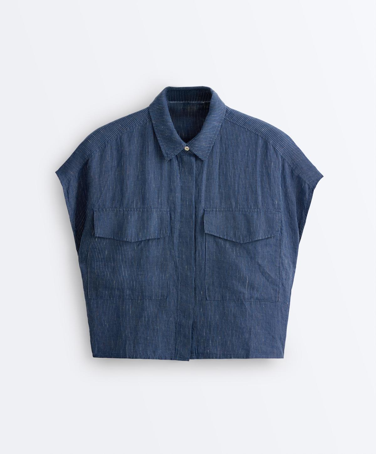오이쇼 100% 린넨 스트라이프 포켓 셔츠 5360/106/412 BLUE MELANGE