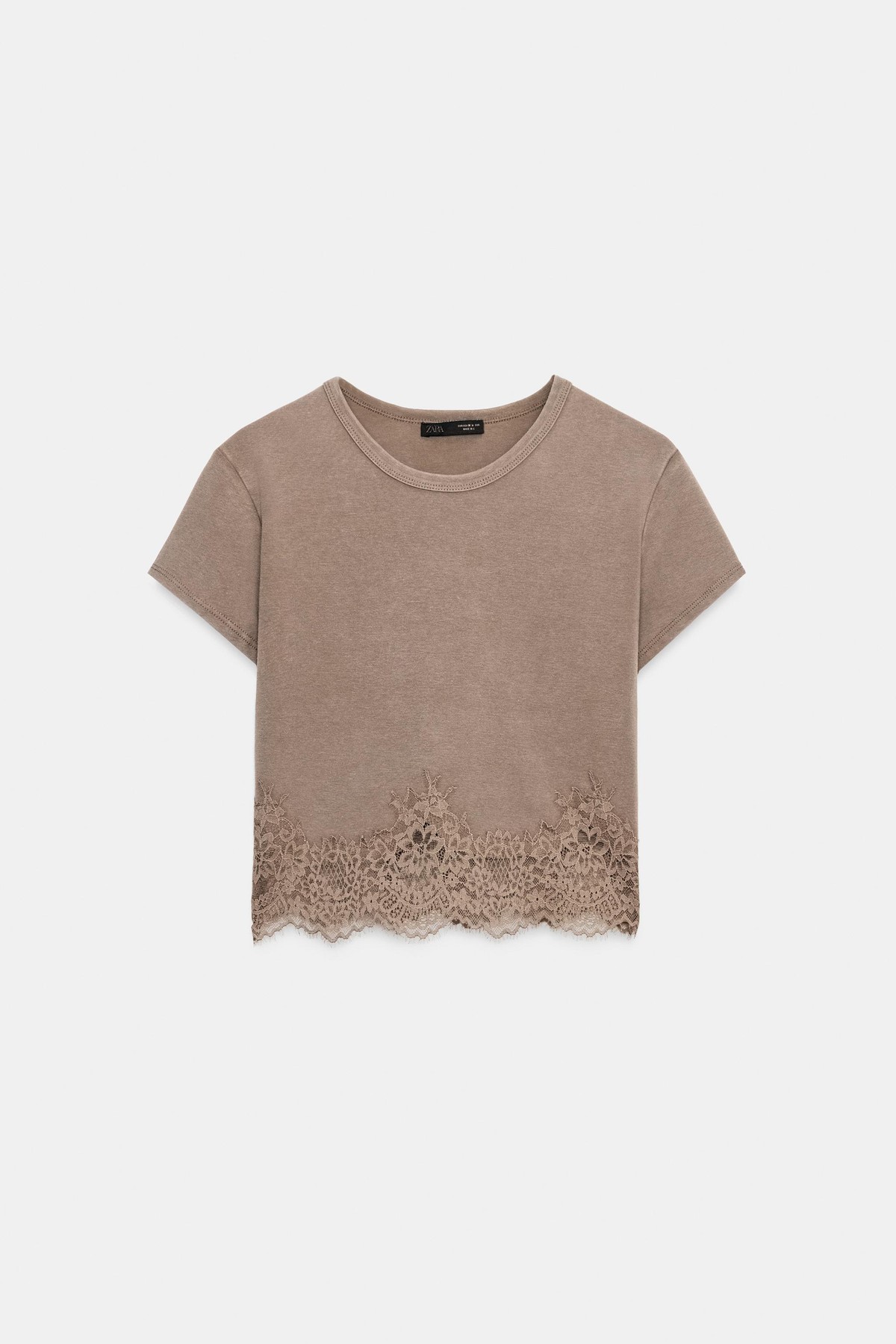 자라 슬림핏 레이스 크롭 반팔 티셔츠 5063/821/707 CAMEL