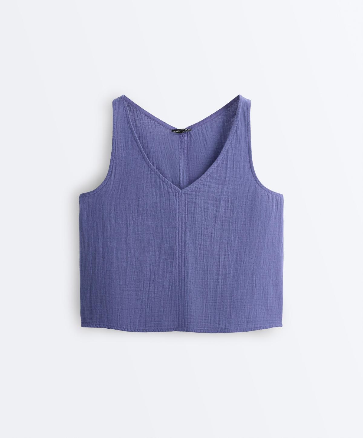 오이쇼 순면 거즈 브이넥 스트랩 크롭 탑 5444/106/398 BLUEBERRY