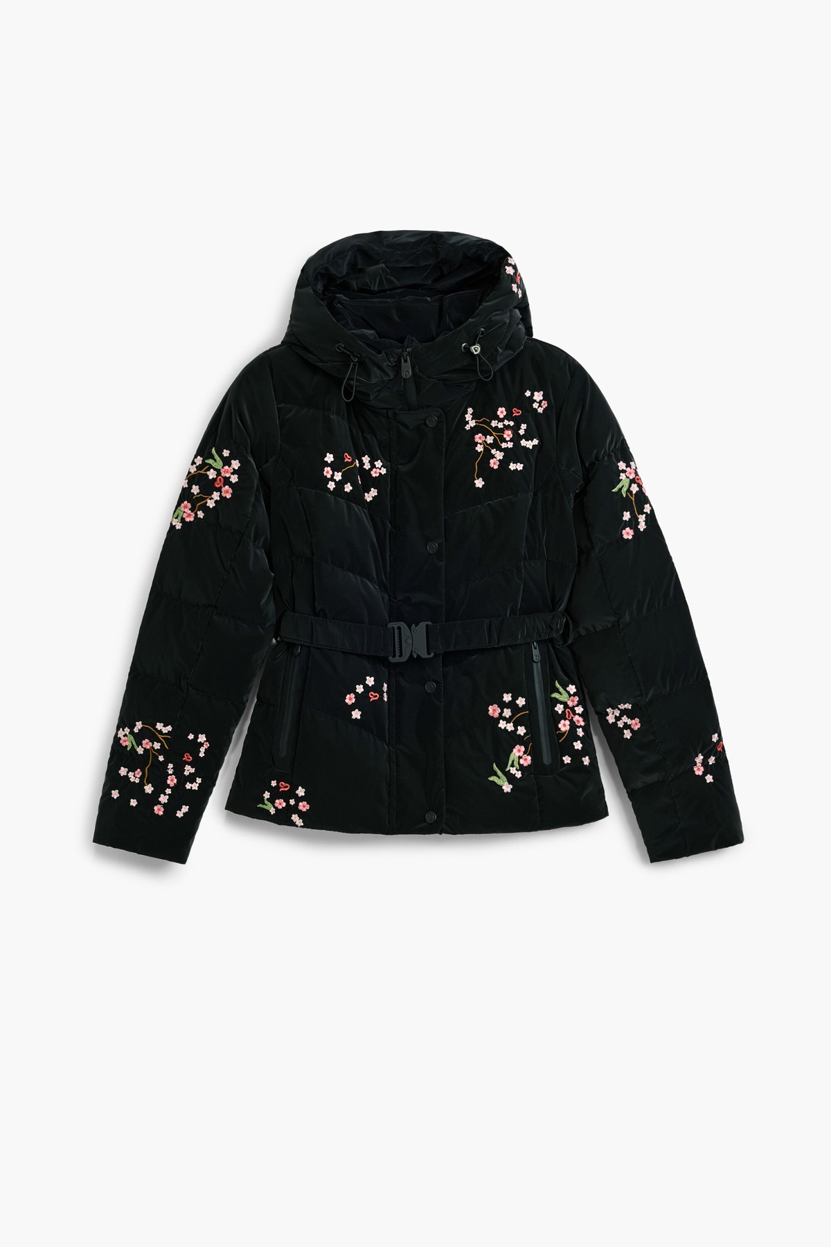 데시구알 플로럴 후드 벨트 패딩 자켓 27SWEWX42000 BLACK, BLACK