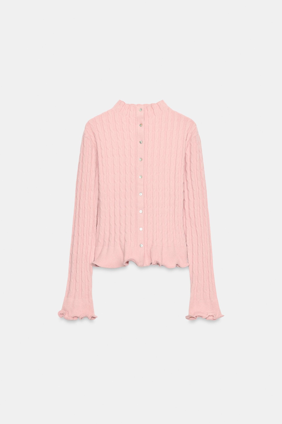 자라 러플 케이블 니트 하이넥 가디건 9598/164/644 LIGHT PINK