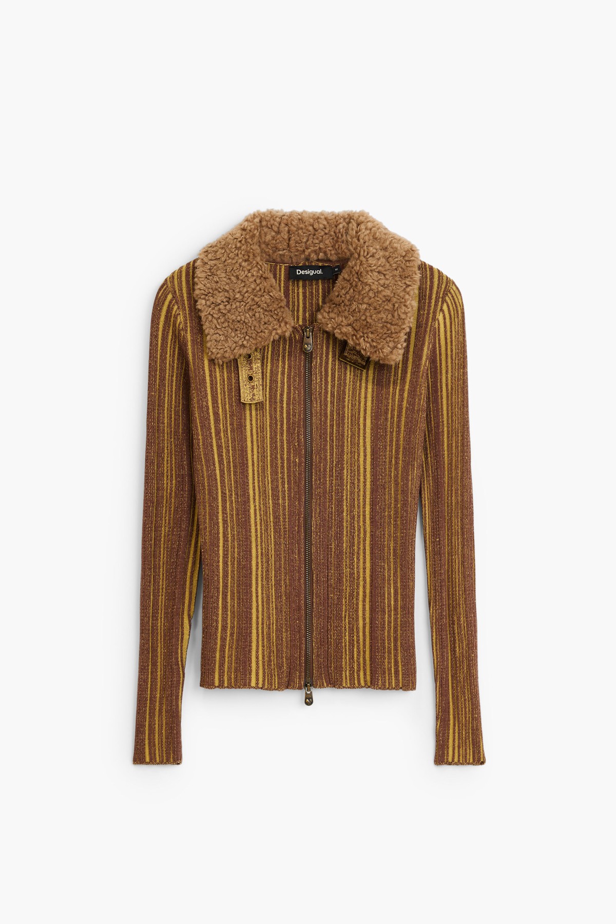 데시구알 청키 니트 퍼 칼라 지퍼 자켓 27SWJFX94015 BEIGE WITH STRIPES
