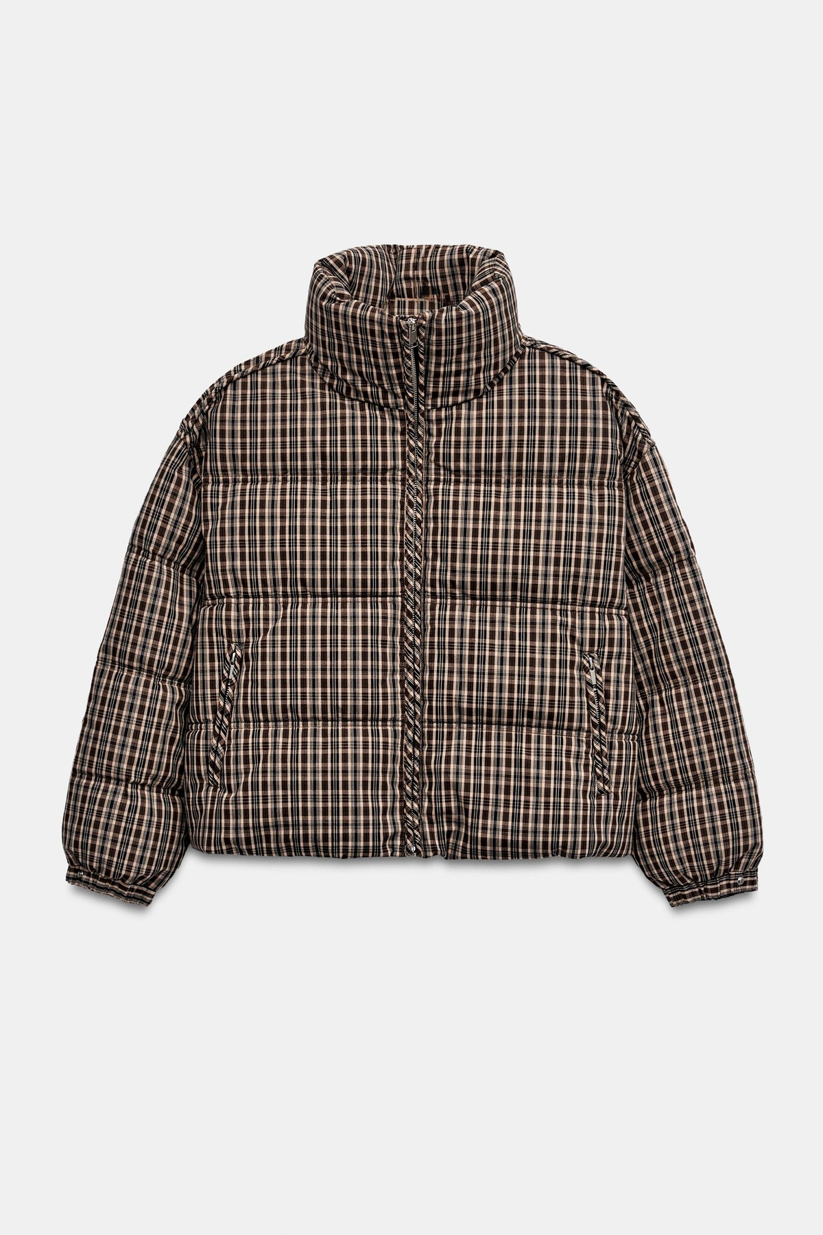자라 하이넥 체크 패딩 아노락 8372/233/700 BROWN