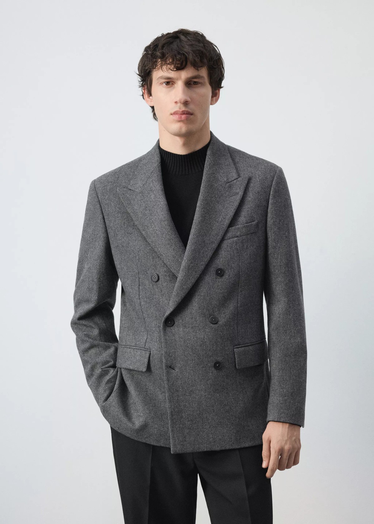 망고 슬림핏 헤링본 울 테일러드 재킷 47061337_92 GRIS