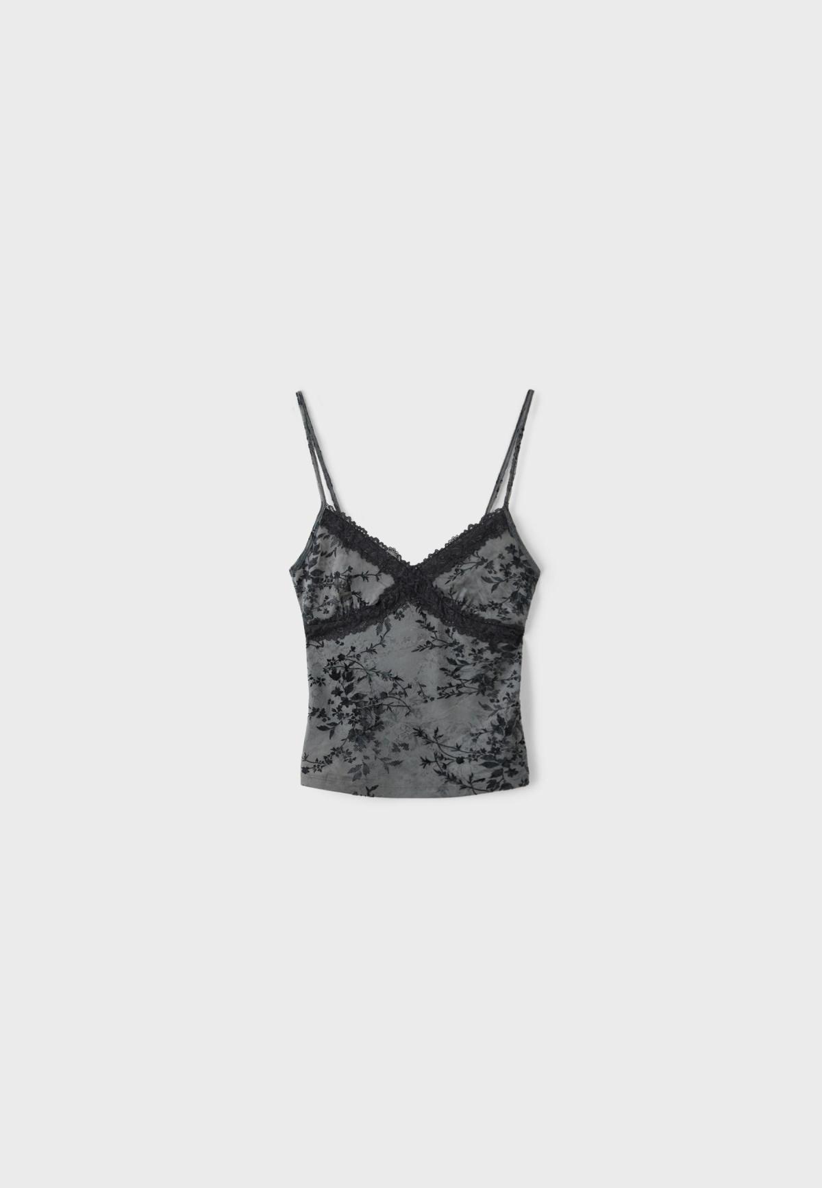 스트라디바리우스 플록 레이스 브이넥 캐미솔 탑 6591/266/250 CHARCOAL GREY