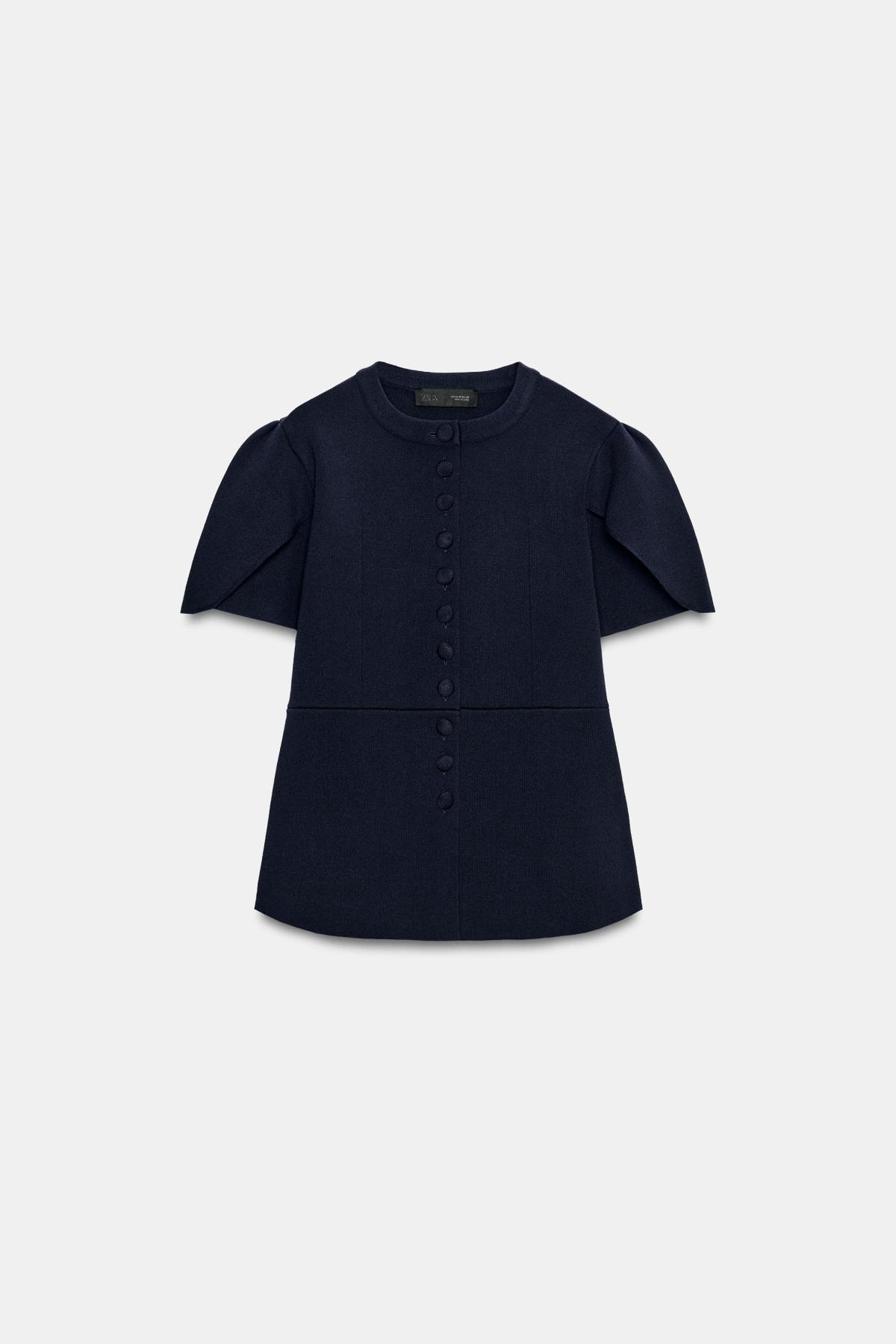 자라 슬림핏 라운드넥 퍼프 소매 가디건 4192/080/401 NAVY BLUE
