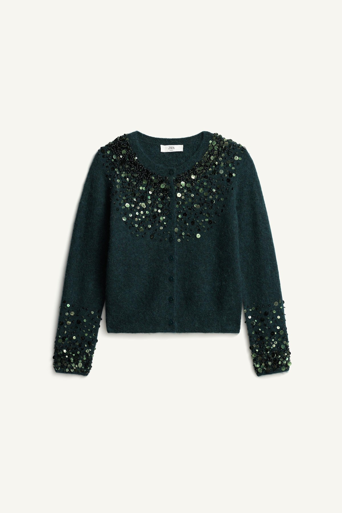 자라 한정판 시퀸 알파카 울 가디건 5755/922/538 DUCK GREEN