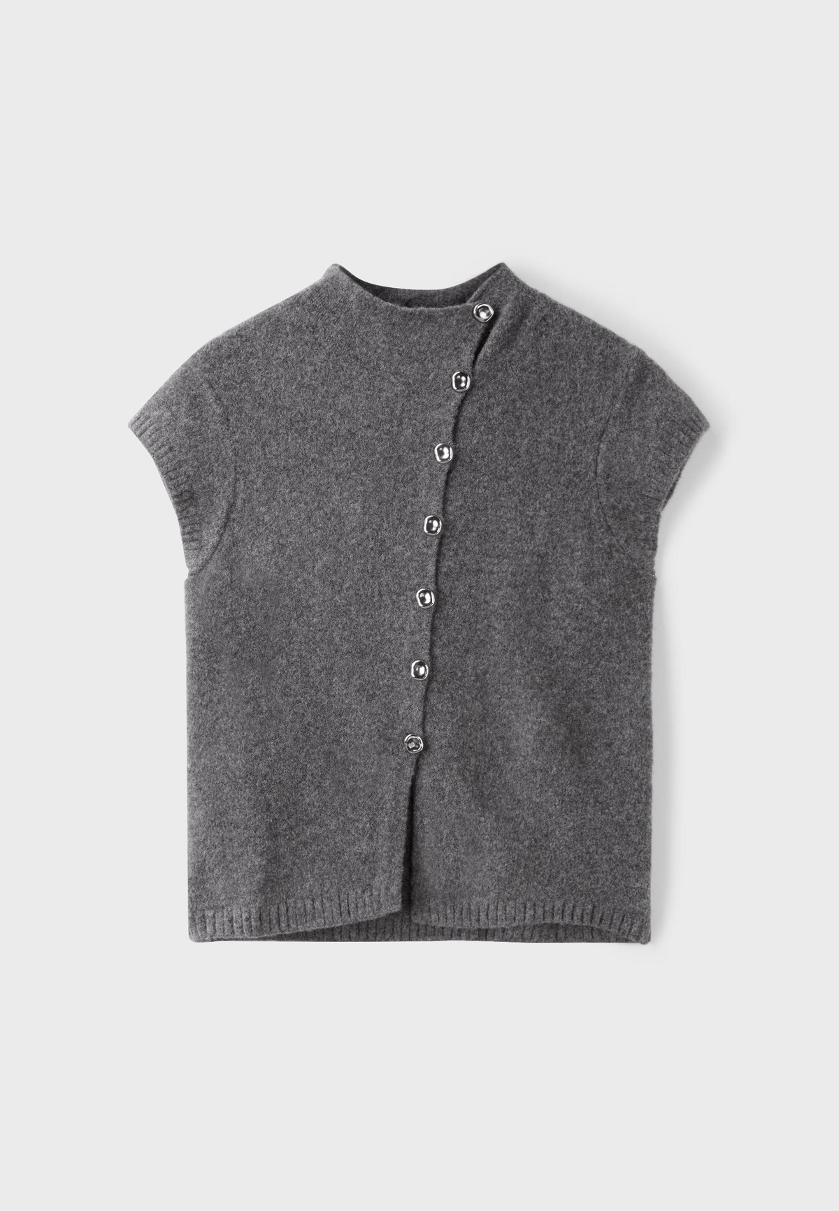 스트라디바리우스 스탠드 칼라 버튼 반팔 니트 탑 5137/434/250 CHARCOAL GREY