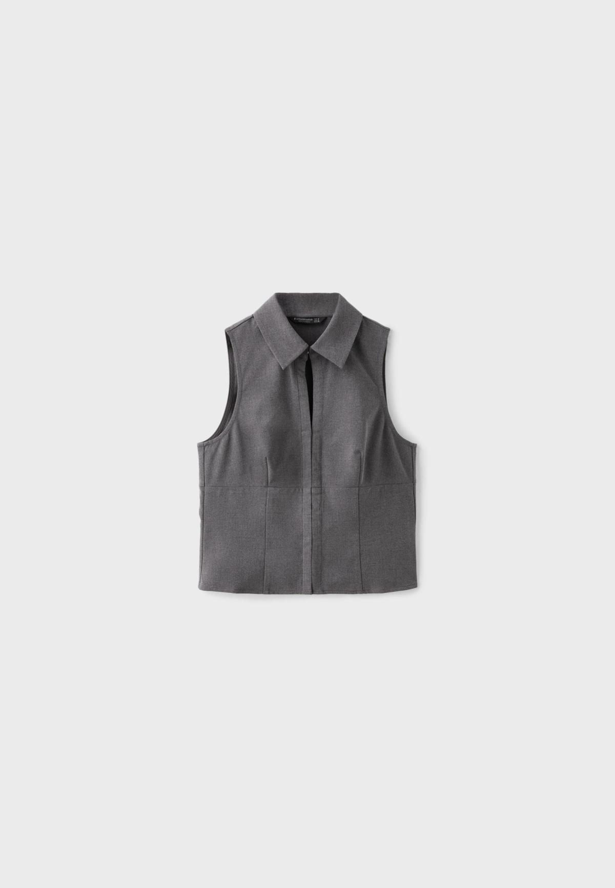 스트라디바리우스 크롭 칼라 민소매 베스트 탑 6015/701/250 CHARCOAL GREY