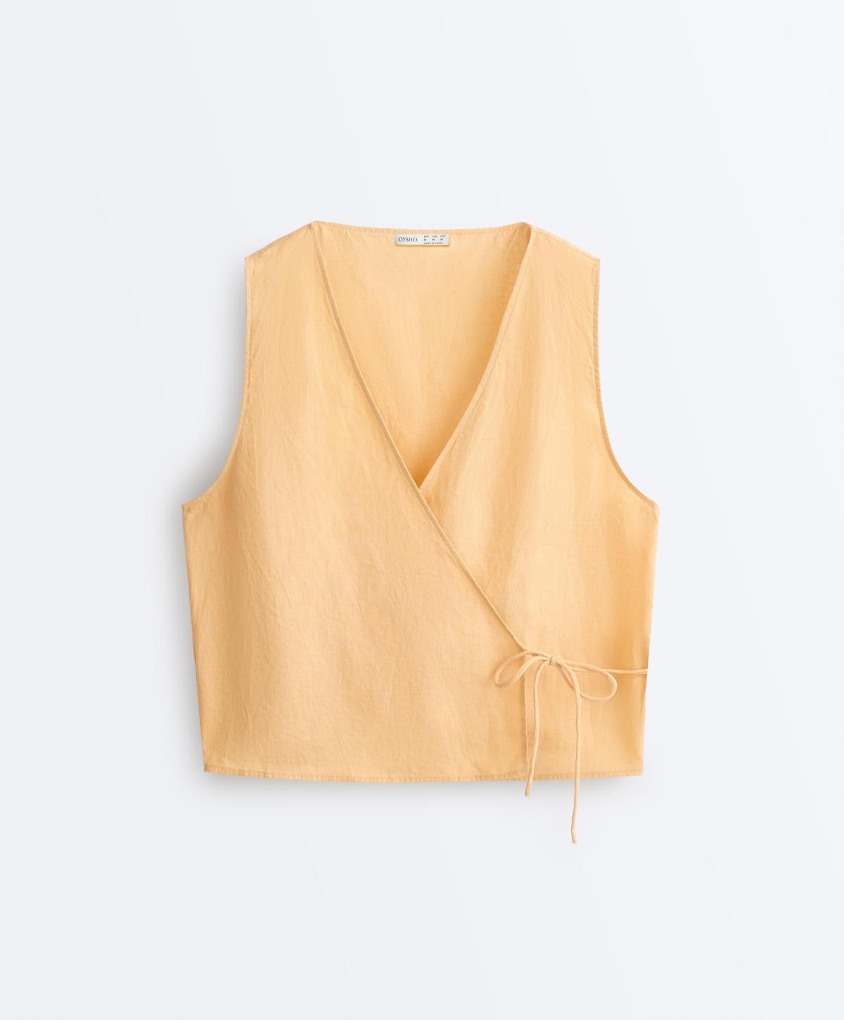 오이쇼 100% 린넨 크로스 타이 민소매 탑 5423/106/337 BURNT YELLOW