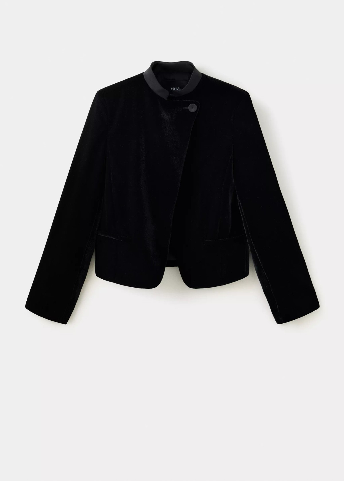 망고 벨벳 새틴 칼라 크롭 블레이저 37099213_99 NEGRO