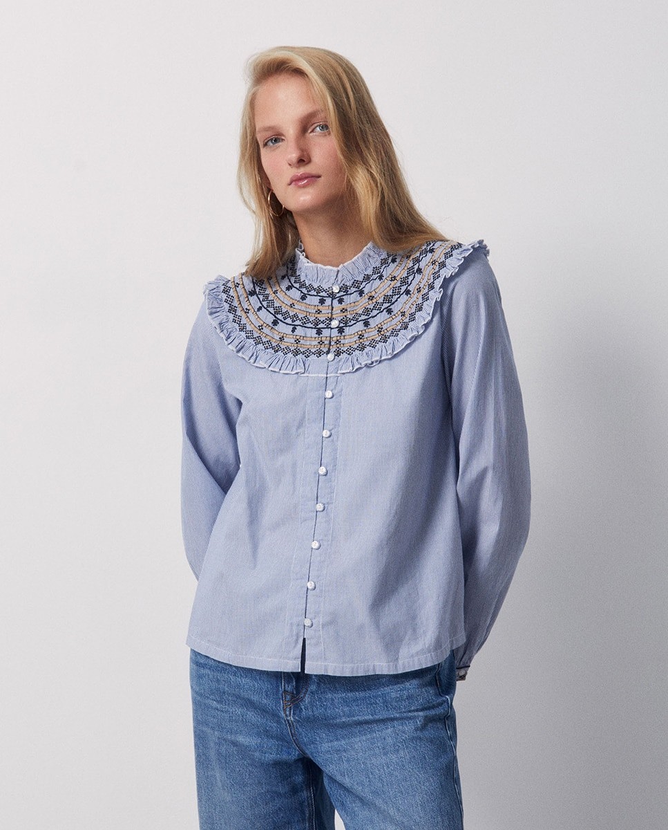 스페라 자수 러플 포플린 블라우스 58322200492 AZUL