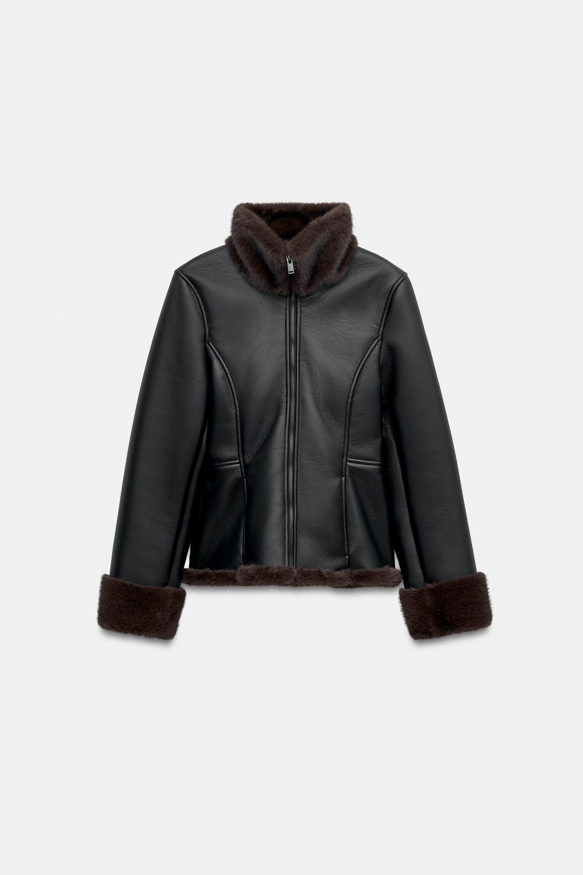 자라 슬림핏 레더 이펙트 퍼 자켓 4341/727/099 BLACK / BROWN