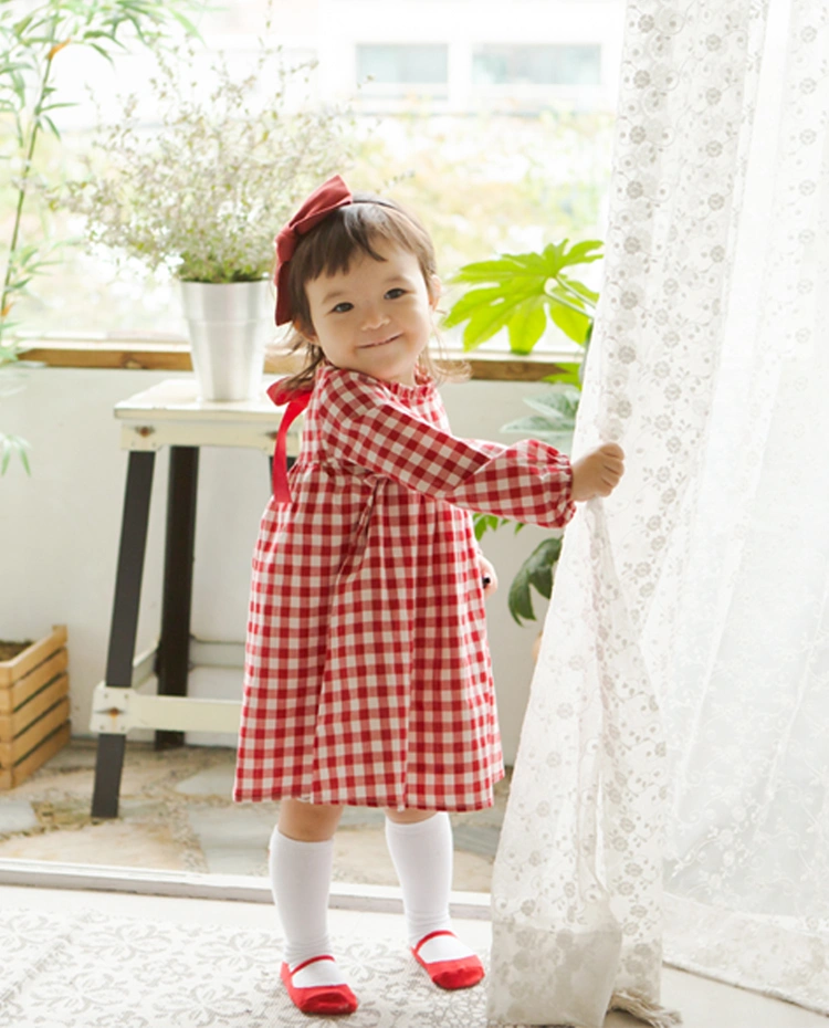 그녀가 웃을 때 내맘도 콩닥콩닥 - red check + red ribbon baby cotton dress | 무무즈